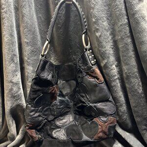 Vintage GUC Lucky Brand Leather/Suede Patchwork Heart Boho Shoulder Handbag Y2K